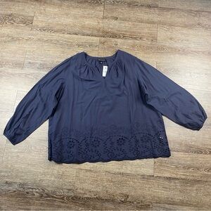 Lane Bryant Shirt Women 22 Navy Blue V Neck Long Sleeve Floral Cut Out Bottom